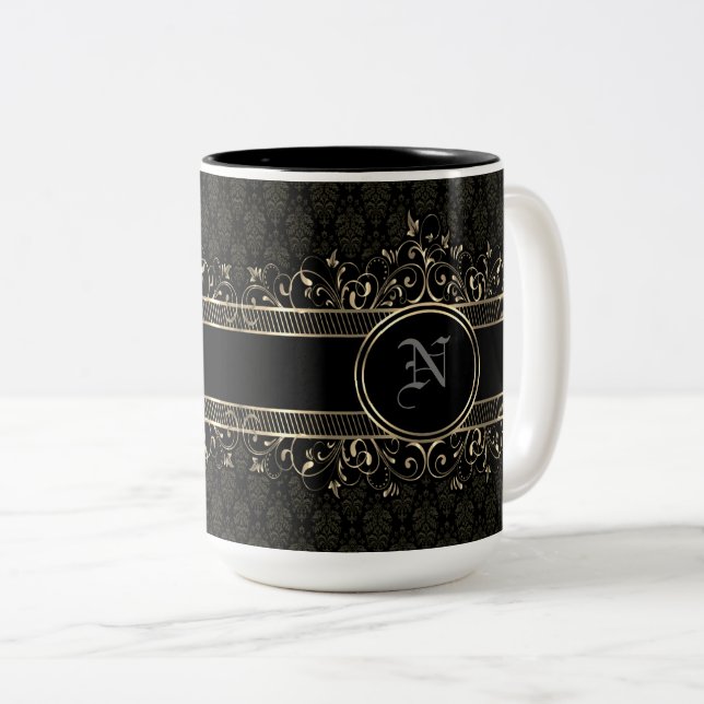 Black & Gold Ornate Gothic Monogrammed   Two-Tone Coffee Mug (Front Right)