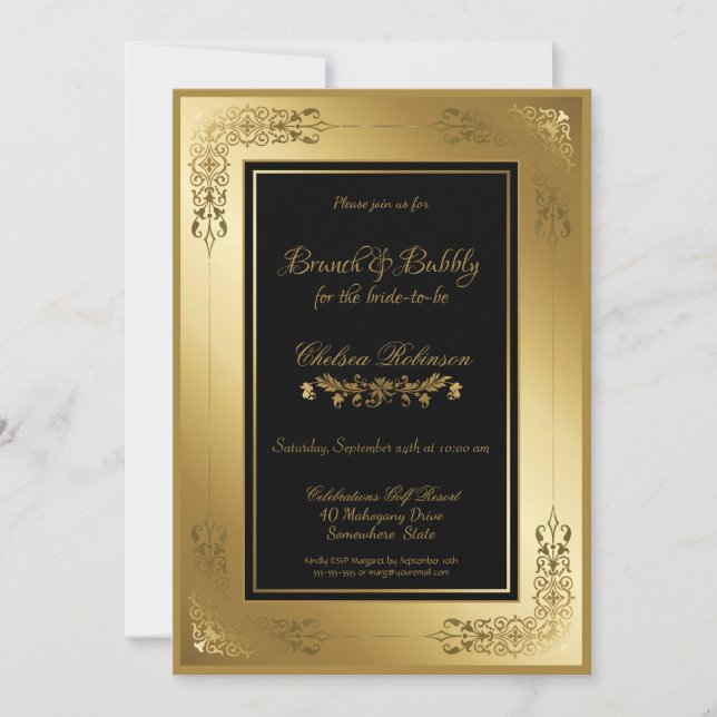 Black Gold Ornate Lace Border Brunch and Bubbly Invitation (Front)