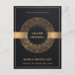 BLACK GOLD ORNATE MANDALA GRAND OPENING INVITE POSTCARD