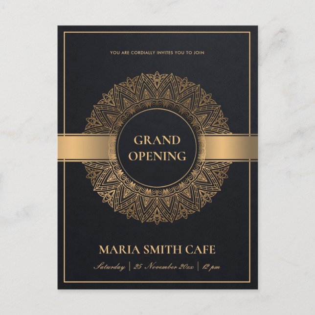 BLACK GOLD ORNATE MANDALA GRAND OPENING INVITE POSTCARD (Front)
