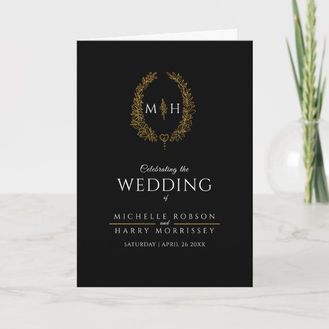 Black gold oval leaf monogram art wedding programme (Front)