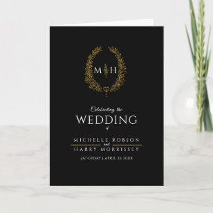 Black gold oval leaf monogram art wedding programme