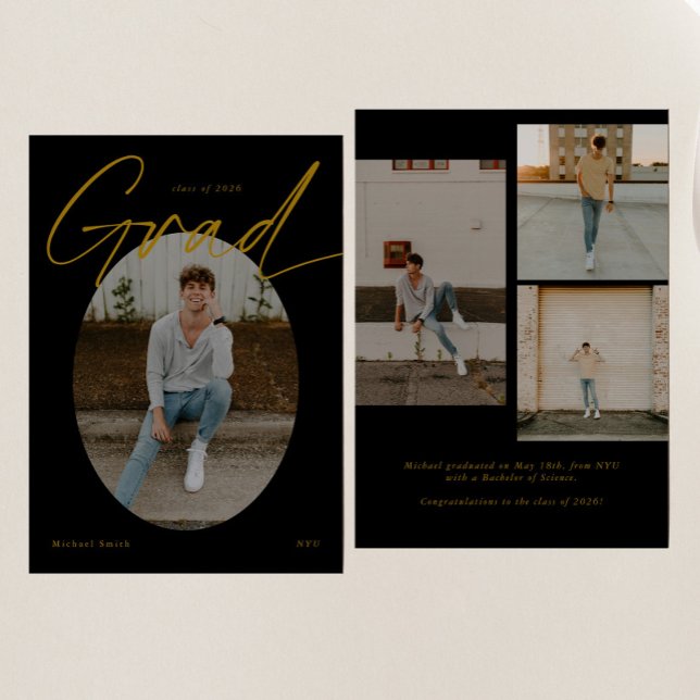 Black & Gold Oval Photo Modern Script Graduation Announcement (Creator Uploaded)