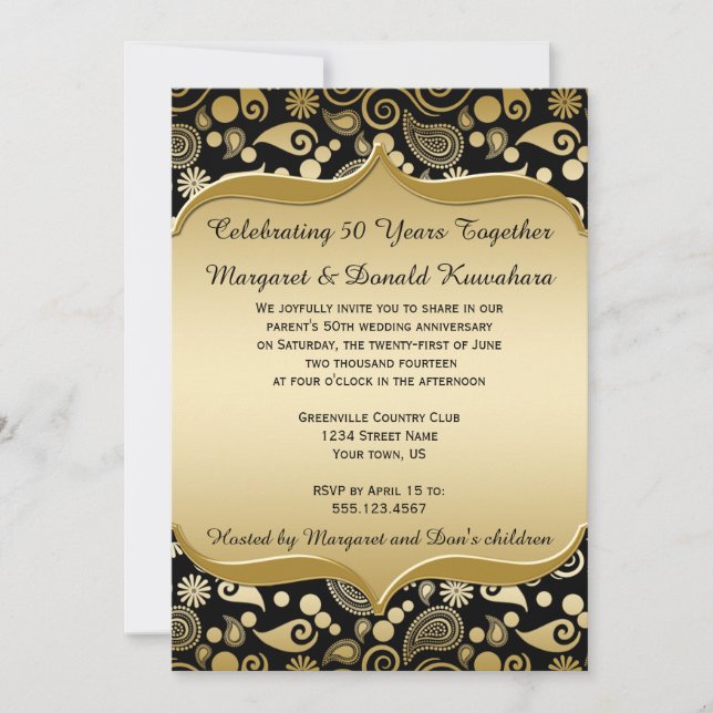 Black Gold Paisley Ornate Frame 50th Anniversary Invitation (Front)