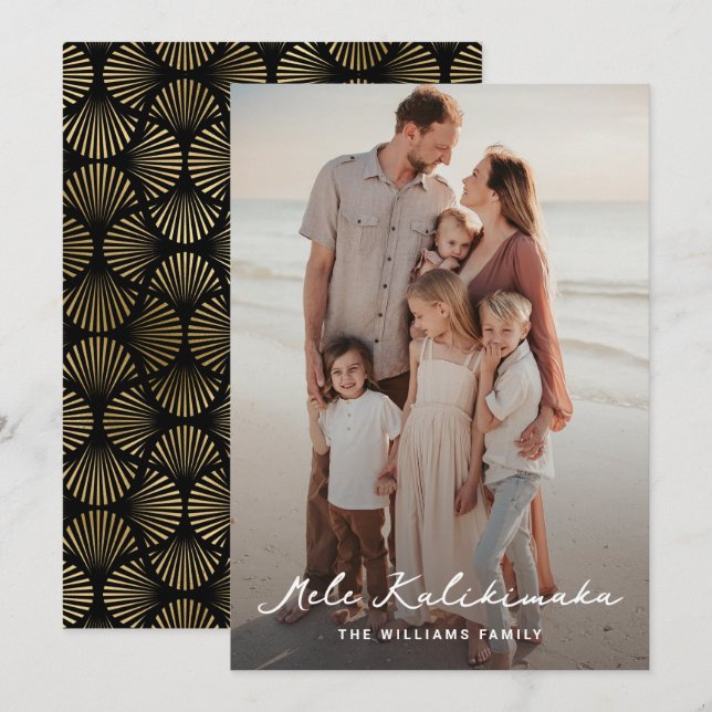 Black Gold Palm Leave Mele Kalikimaka Modern Photo Holiday Card (Front/Back)