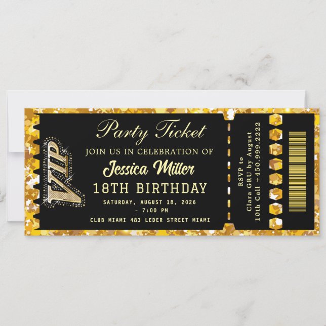 Black & Gold Party Ticket Invitation (Front)