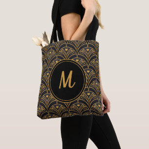 Black Gold Pattern Art Deco Monogram Personalise Tote Bag