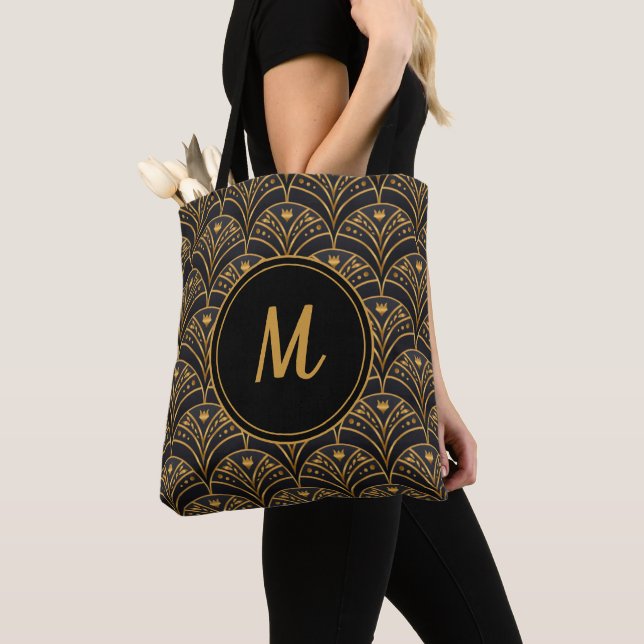 Black Gold Pattern Art Deco Monogram Personalise Tote Bag (Close Up)
