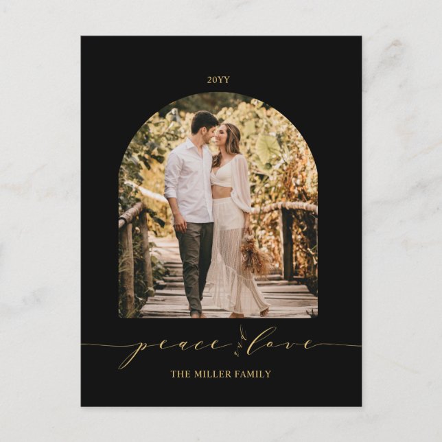Black & Gold | Peace and Love Christmas Photo Holi Holiday Postcard (Front)
