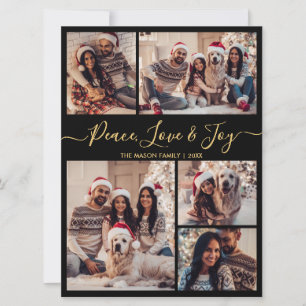 Black Gold Peace Love and Joy Script 5 Photo Holiday Card