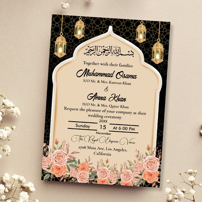 Black Gold Peach Floral Muslim Arabic Wedding Invitation (Creator Uploaded)