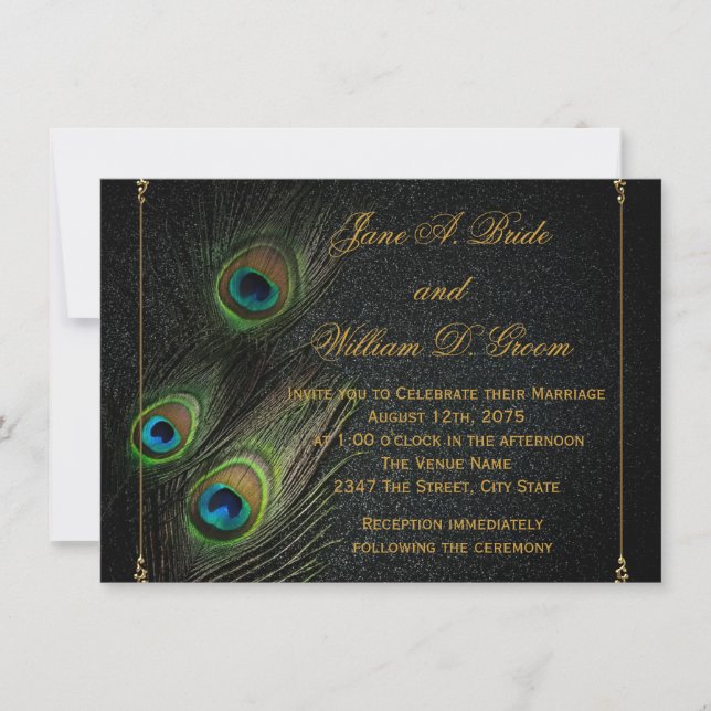 Black Gold Peacock Wedding Invitation (Front)