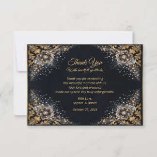 Black Gold Pearl Diamond Bow Luxury Formal Thank You Card