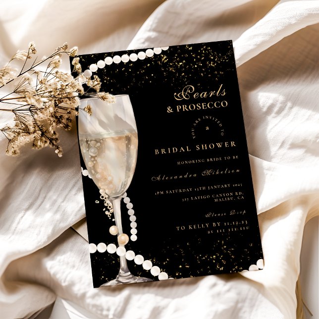 Black Gold Pearls And Prosecco Bridal Shower Invitation (Creator Uploaded)