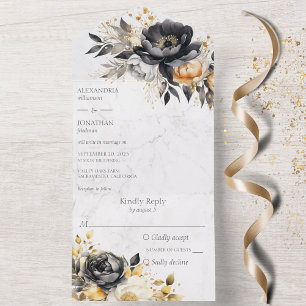 Black & Gold Peonies on Marble All In One Invitation