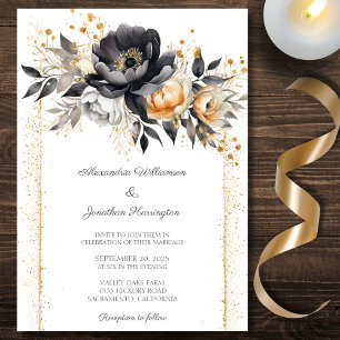 Black & Gold Peonies with Glitter Effect Wedding  Invitation