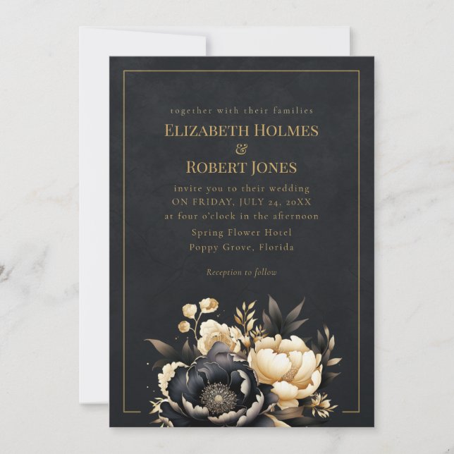 Black & Gold Peony Gothic Wedding Invitation (Front)