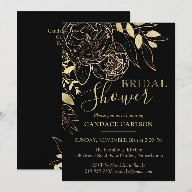 Black & Gold Peony Modern Floral Bridal Shower Invitation (Front/Back)