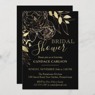 Black & Gold Peony Modern Floral Bridal Shower Invitation