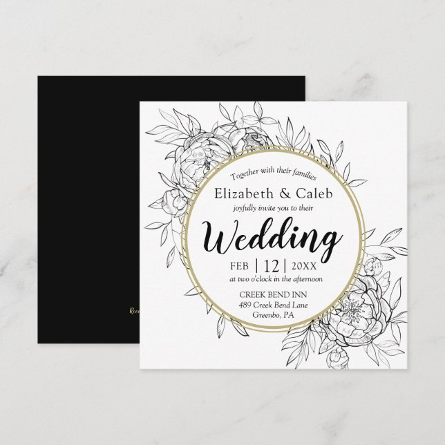 Black & Gold Peony Modern Floral Toile Wedding Invitation (Front/Back)