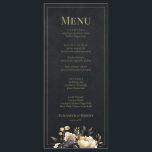 Black & Gold Peony Wedding Menu Card<br><div class="desc">This elegant wedding menu card features dramatic black peonies with refined gold accents, creating a luxurious gothic and vintage-inspired look. The deep charcoal background paired with classic gold typography adds warmth and sophistication to formal wedding tables. Designed to coordinate seamlessly with black and gold peony wedding invitation suites, it is...</div>
