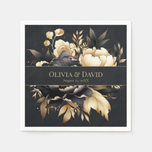 Black & Gold Peony Wedding Napkins