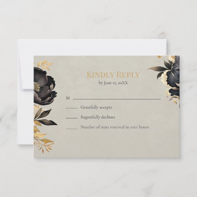 Black & Gold Peony Wedding RSVP Card (Front)