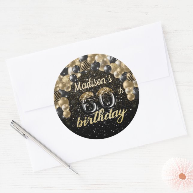 Black Gold Personalised 60th Birthday Classic Round Sticker (Envelope)