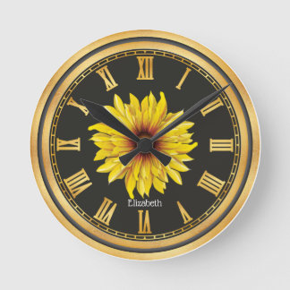 Black Gold Personalised Beautiful Sunflower    Round Clock
