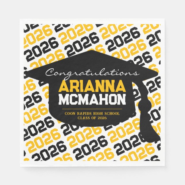 Black & Gold Personalised Graduation Cap Paper Napkin (Front)