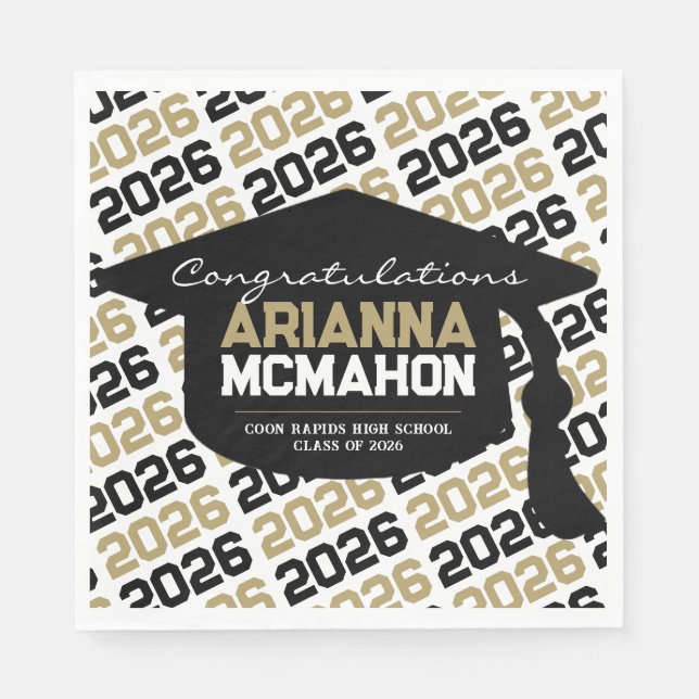 Black & Gold Personalised Graduation Cap Paper Napkin (Front)