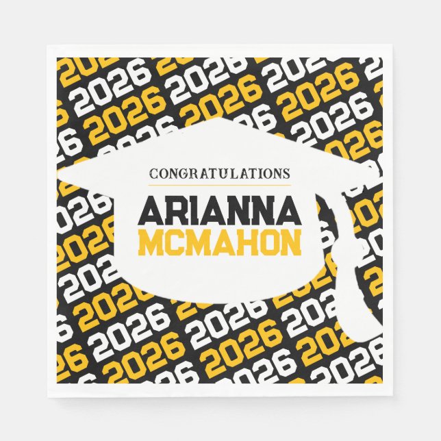 Black & Gold Personalised Graduation Cap Paper Napkin (Front)