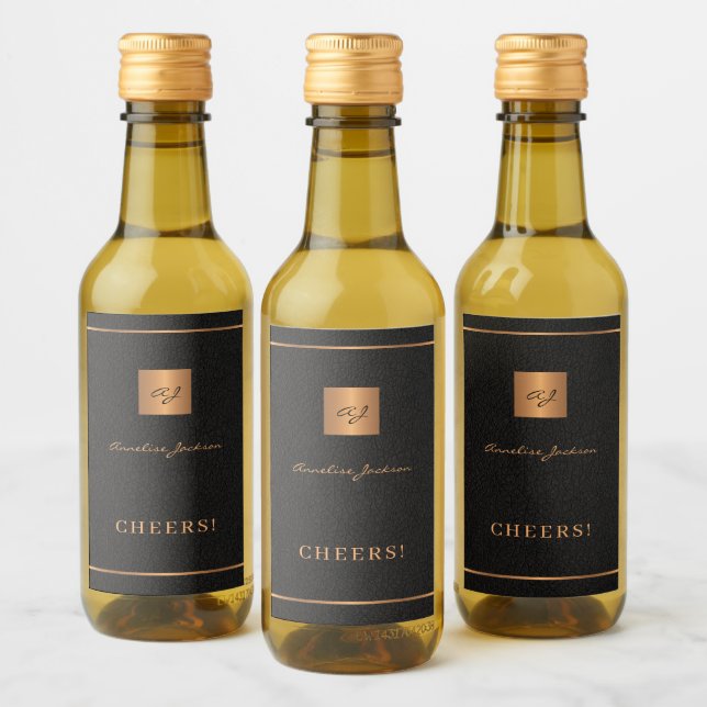 Black gold personalised initials name script wine label (Bottles)