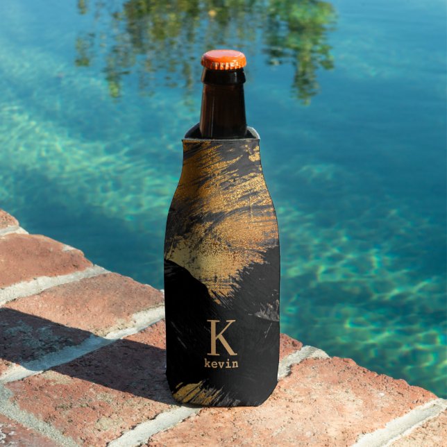 Black gold personalised monogram name bottle cooler (In Situ Pool)