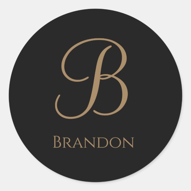 Black Gold Personalised Name and Monogram Classic Round Sticker (Front)