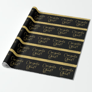 Black Gold Personalised Name Congrats Grad Wrapping Paper
