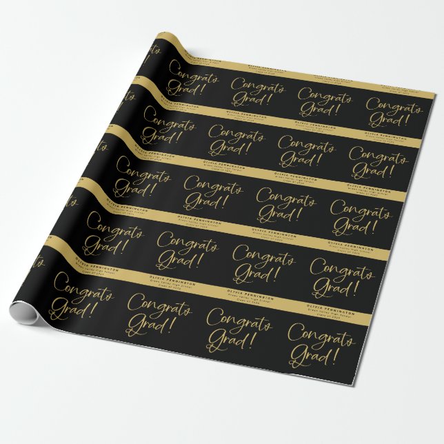 Black Gold Personalised Name Congrats Grad Wrapping Paper (Unrolled)