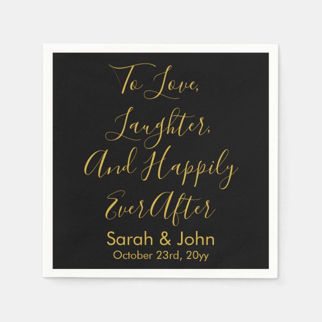 Black Gold Personalised Script Wedding Reception  Napkin (Front)