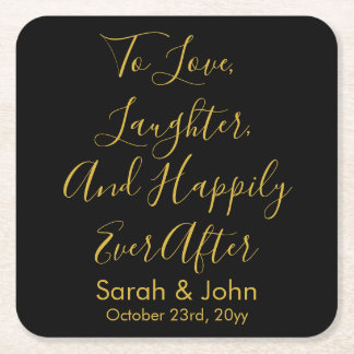 Black Gold Personalised Script Wedding Reception  Square Paper Coaster