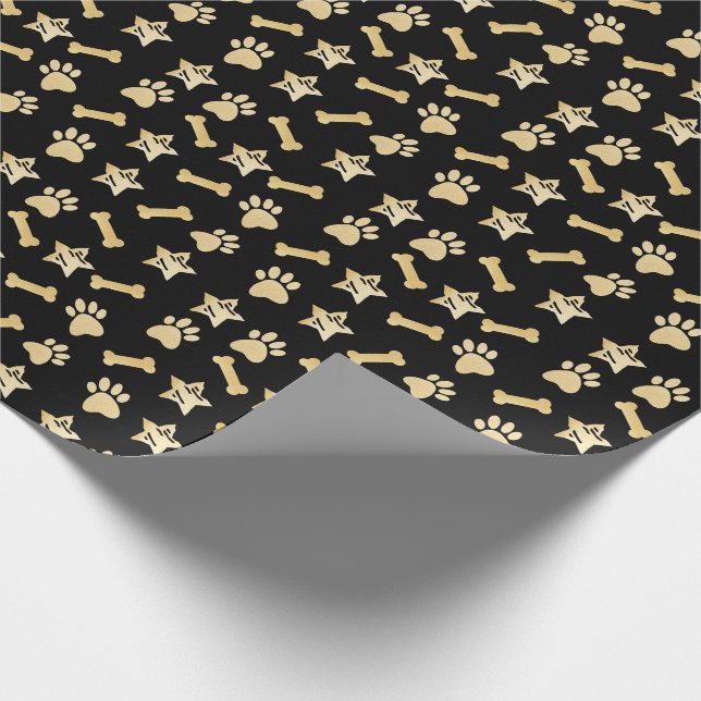 Black Gold Pet Prints, Dog Bone & Stars Christmas Wrapping Paper (Corner)