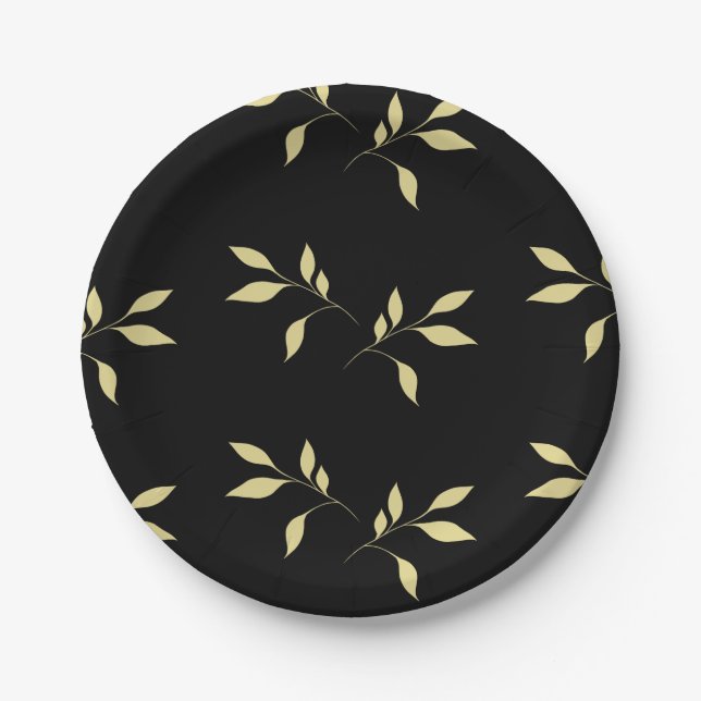 Black & Gold Petal Luxe Sophisticated  Dining Paper Plate (Front)