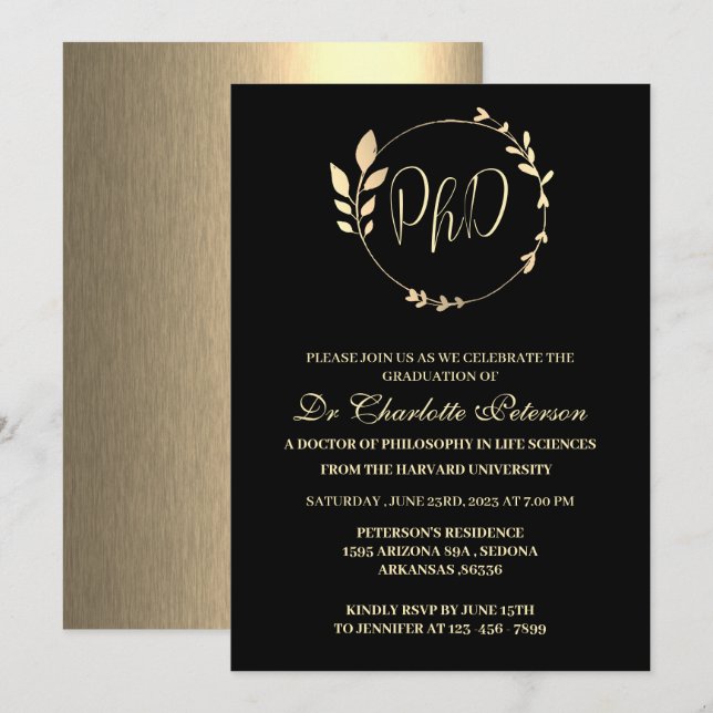 Black & Gold PHD Doctoral Graduation Invitation (Front/Back)