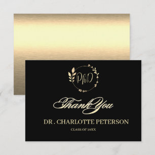 Black & Gold PhD Graduation Thank You Card