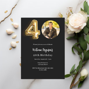 Black gold photo 40th birthday invitation