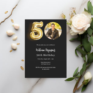 Black gold photo 50th birthday invitation