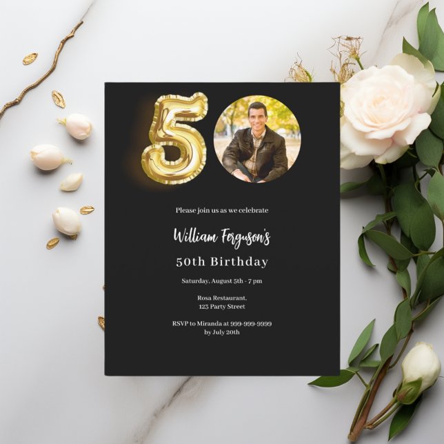 Black gold photo 50th birthday invitation (Creator Uploaded)