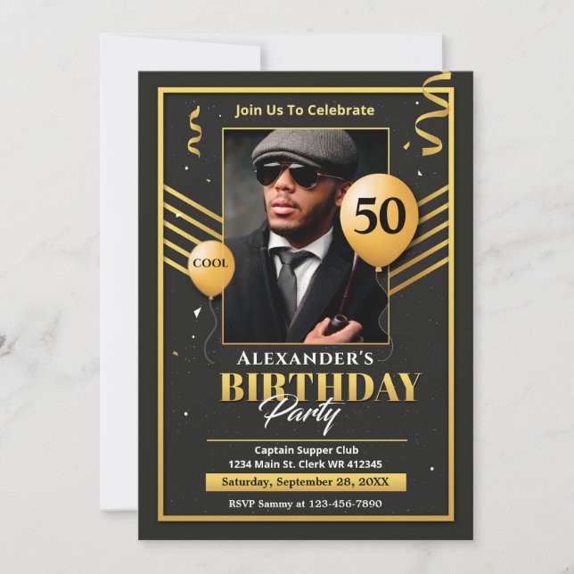 Black Gold Photo 50th Birthday Party Invitation (Front)