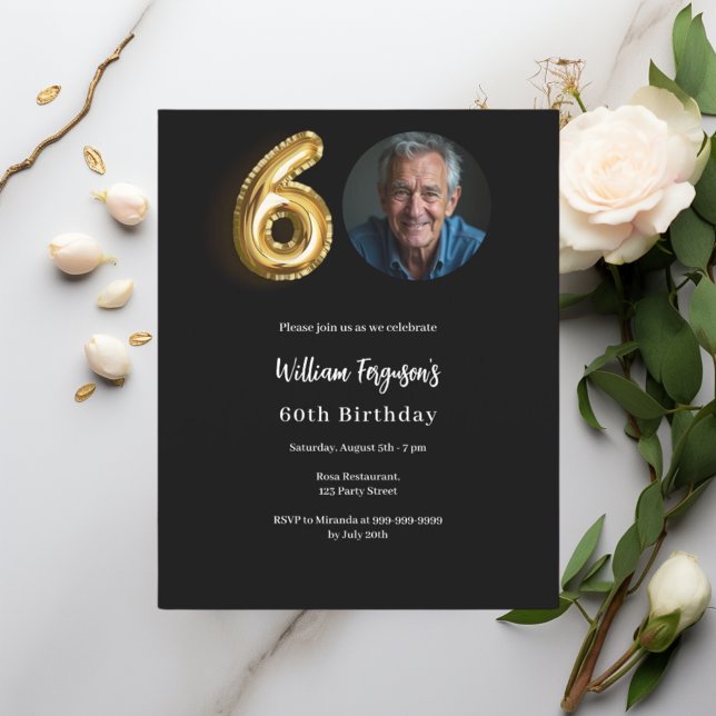 Black gold photo 60th birthday invitation (Creator Uploaded)