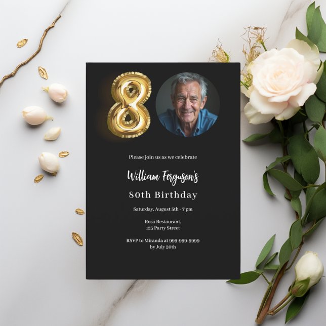 Black gold photo 80th birthday invitation (Creator Uploaded)