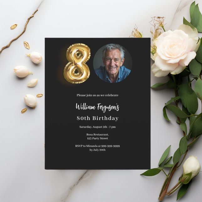 Black gold photo 80th birthday invitation (Creator Uploaded)